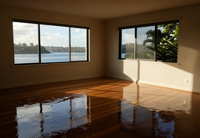 Flooded living room in Chatswood home before restoration